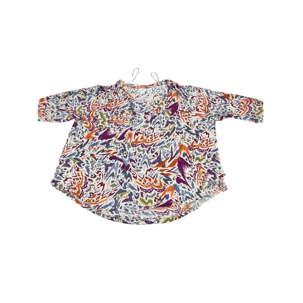 Nicole Miller New York Women 3X Linen Top Abstract Multi Color V-Neck Blouse